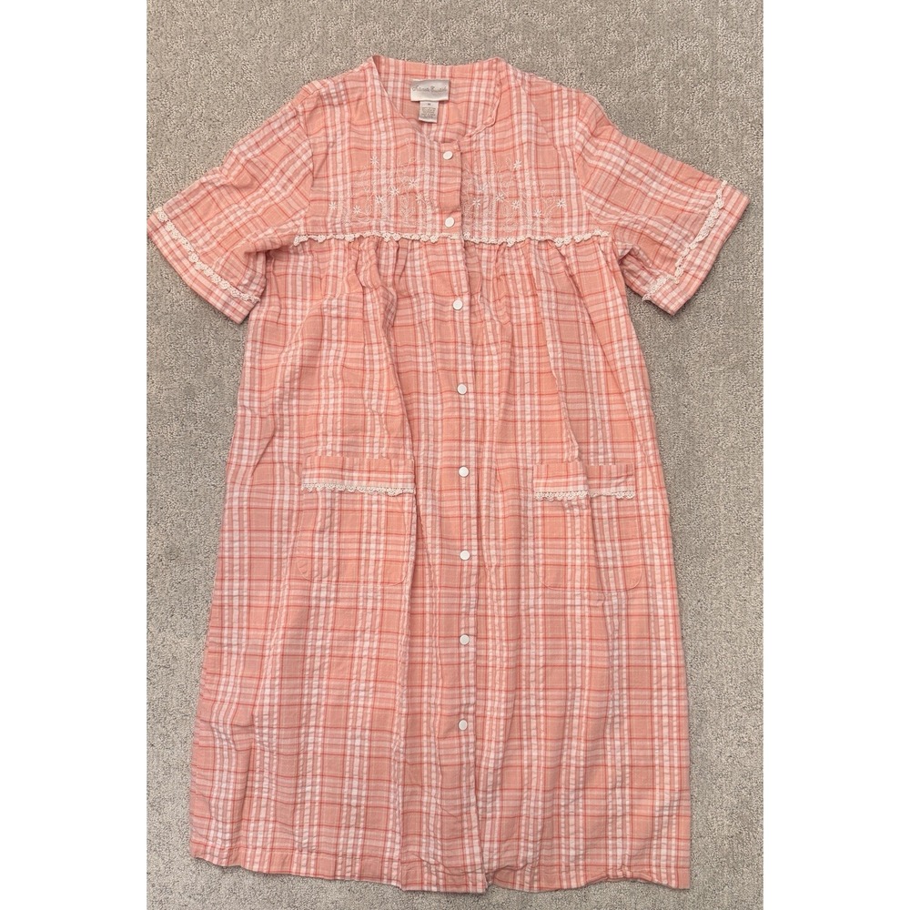 Intimate Essentials Pink Plaid Cotton Button-Front Nightgown Pockets M